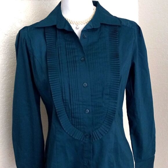 Worthington Stretch Long Sleeve Button down Ruffle Shirt. Zenith Teal-Small - Picture 2 of 7
